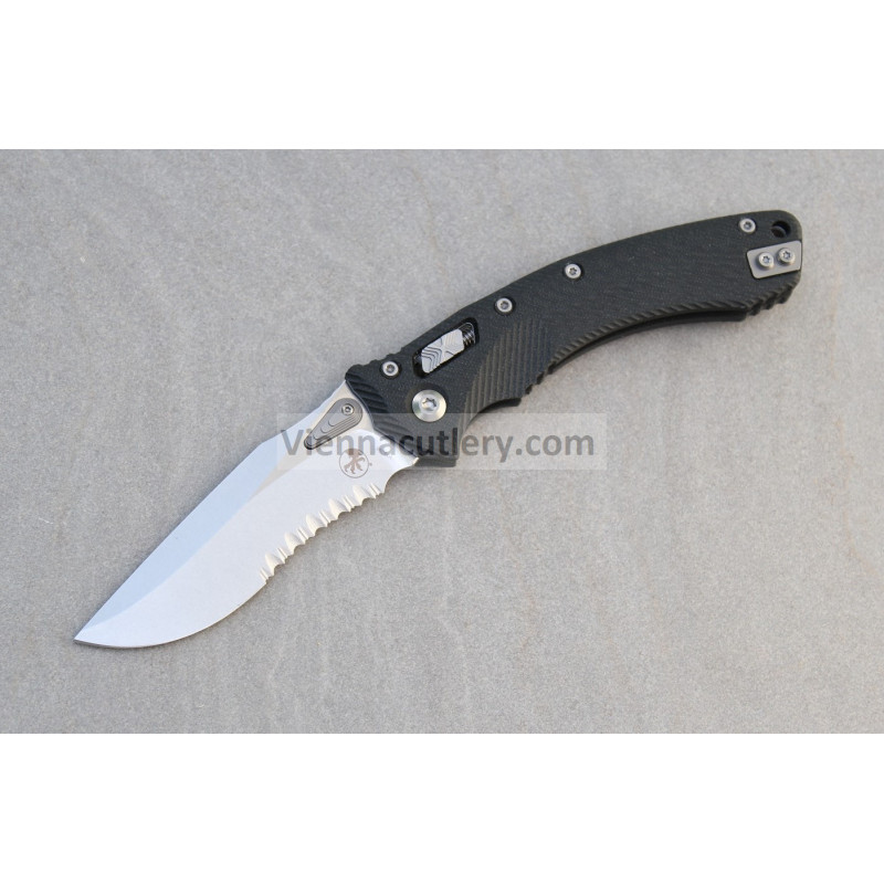 Microtech Amphibian RAM-LOK S/E Fluted G-10 Black Stonewash Partial Serrated